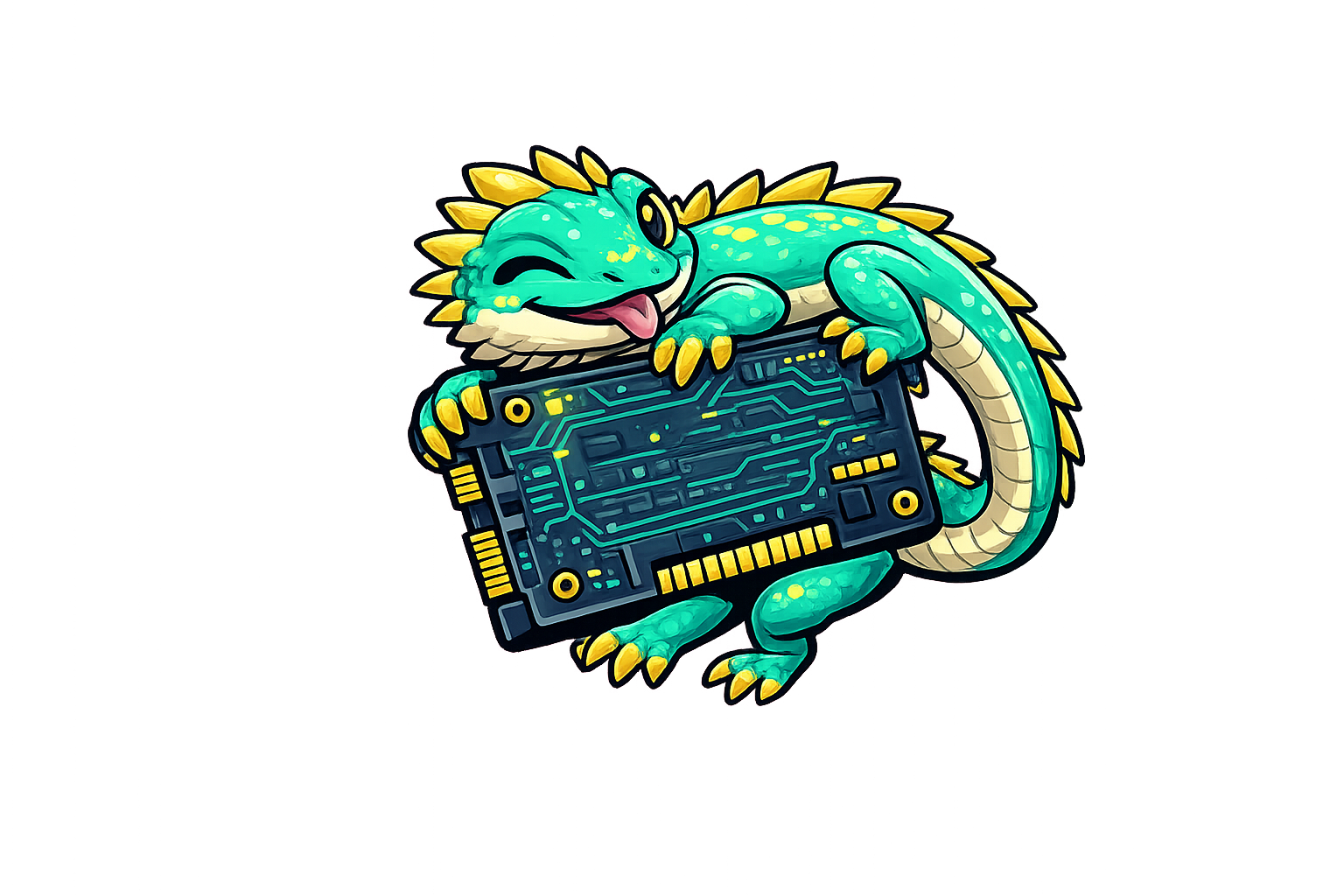 Cute lizard mascot holding a circuit board