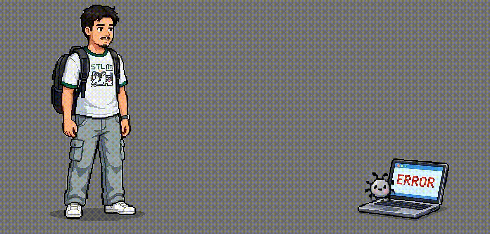 Pixel art developer standing near a laptop displaying an error